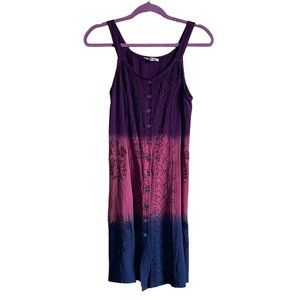Lapogee Dress Tie Dye Sleeveless Embroidered Button‎ Front Tie Waist Womens Sz M